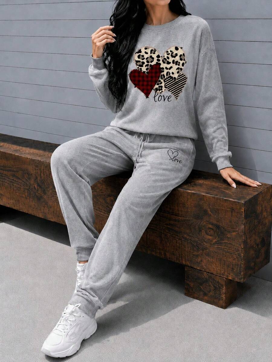 Conjunto set 2 piezas dama mujer casual sudadera cuello redondo gráfico pecho jogger cintura elástica ajustable cordones cómodo calientito otoño invierno moderno estampado corazon cuadros - Gris - Ver 1