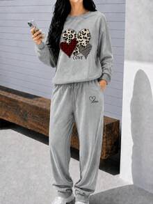 Conjunto set 2 piezas dama mujer casual sudadera cuello redondo gráfico pecho jogger cintura elástica ajustable cordones cómodo calientito otoño invierno moderno estampado corazon cuadros - Gris - Ver 3