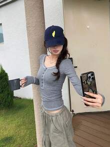 Women's Slim Fit Henley Button Long Sleeve Base Layer T-Shirt, Thin Crew Neck Top For Spring - Light Grey - View 6