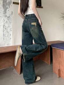 藍色水洗高腰寬鬆直筒闊腿休閒復古女款牛仔褲 秋季 - 藍色 - 查看 1