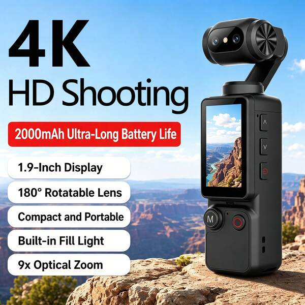 Kamera Vlog Gimbal Saku 4K HD, Layar 1,9 Inci, Lensa Dapat Diputar 180°, Zoom Optik 9X, Lampu Pengisi Terintegrasi, Baterai Tahan Lama 2000mAh, Kamera Mini Genggam Portabel Ringkas untuk Perekaman Olahraga, Perjalanan, dan Aktivitas Luar Ruangan