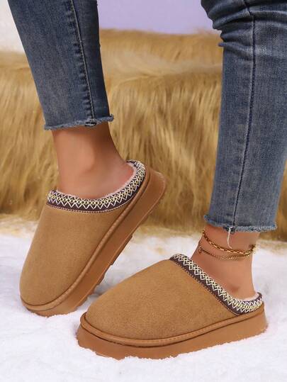 Damen Mode minimalistische Vintage Hausschuhe mit dicker Sohle, Spitzenbesatz und halboffener Zehenpartie, warme Slip-On Lässig-Fellpantoffeln, Herbst/Winter