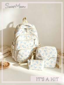 3-Piece Set Blue And White Nylon Casual Fresh Style Strawberry Bow Cherry Pattern All-Over Print Braided Pendant Zipper Pull Large Capacity Foldable Multi-Pocket Zipper Backpack Set Suitable For Women's Daily Matching, College Students' Class Training Bag, Students' School, Outing Shopping Travel Storage Bag - Blue and White - View 1