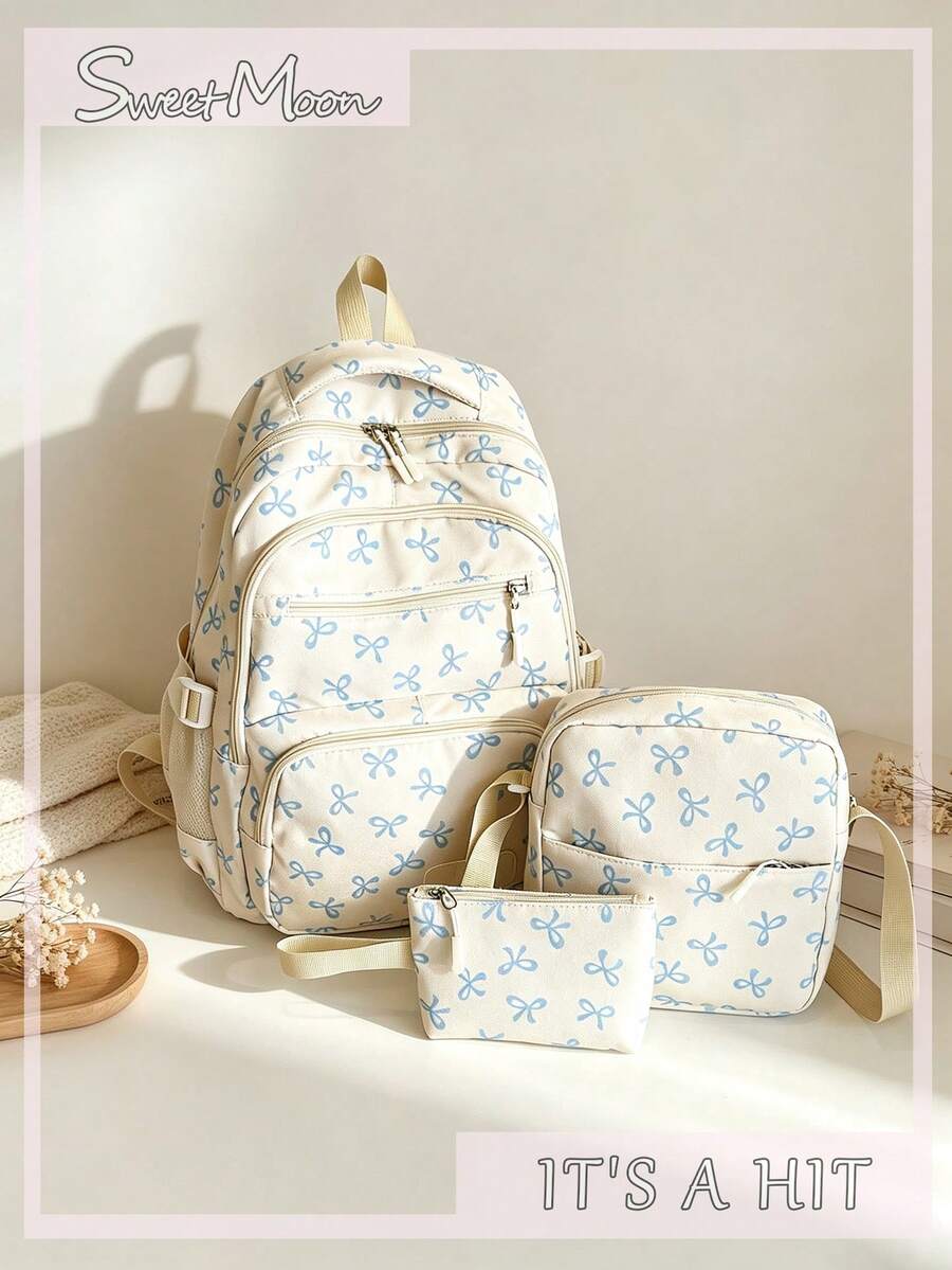 3-Piece Set Blue And White Nylon Casual Fresh Style Strawberry Bow Cherry Pattern All-Over Print Braided Pendant Zipper Pull Large Capacity Foldable Multi-Pocket Zipper Backpack Set Suitable For Women's Daily Matching, College Students' Class Training Bag, Students' School, Outing Shopping Travel Storage Bag - Blue and White - View 1
