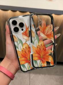 1件時尚創意橘色百合花與綠葉圖案手機殼，對比色2合1 TPU防震軟殼保護套，適用於Apple 11/12/13/14/14Plus/15/15Plus/16/16Plus/17/17Pro/18Pro/18PM及其他機型 - 彩色 - 查看 5