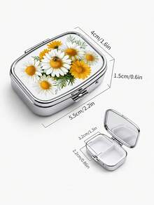 1pc Elegant Yellow & White Daisy Pattern Square Portable Small Pill Box, High-Quality Durable Metal Shell, 2-Layer Storage For Pills, Vitamins And Keepsakes, Pocket Size, Creative Gift - Multicolor - View 7