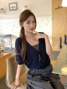 Kamisol Bergaris + Kaos V-Neck Longgar, Set 2 Potong Serbaguna untuk Memperampingkan Tubuh (Garis Acak) Elegan untuk Musim Panas - Angkatan laut - View 5