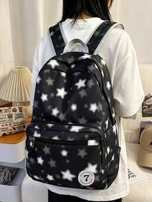 Colorful Star Print Backpack For Middle School Students, High School Students, College Students, Casual Backpack, Travel Backpack - Black - View 8
