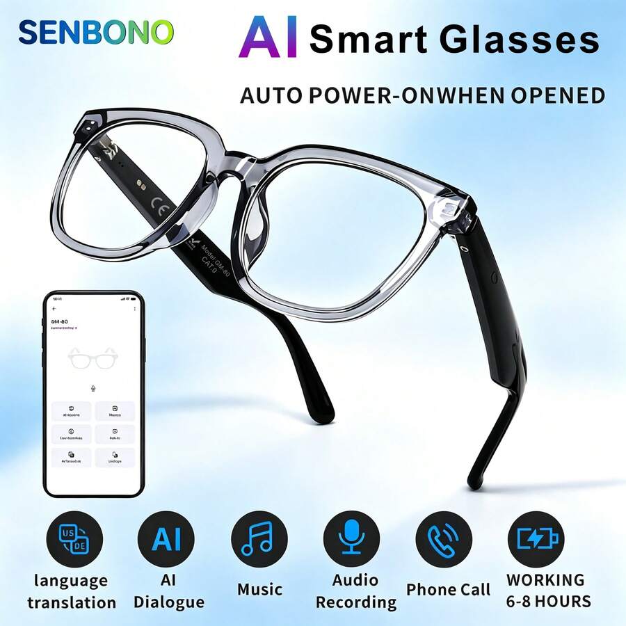 نظارات ذكية من SENBONO للرجال والنساء مزودة بميكروفون ومكبر صوت مدمج، تدعم ترجمة التطبيقات متعددة اللغات، نظام Chat GPT، نظارات صوتية متعددة الوظائف جديدة، مكالمات صوتية عالية الدقة، وجودة موسيقى HIFI للسفر والترفيه - مشاهدة 1