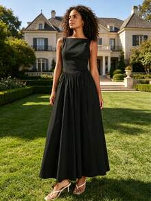 Women Sleeveless Round Neck High Waist Slim Backless Zipper A-Line Maxi Dress - 黑色 - 查看 2