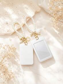 1 Macaron ABS Solid Color Push-Pull Card Holder With Pearl Chain And Pearl Shell Pendant. Student Wristband Card Holder, Student Wristband Women's Card Holder, ID Bus Protective Cover, Student Campus Card Protective Cover - A - View 1