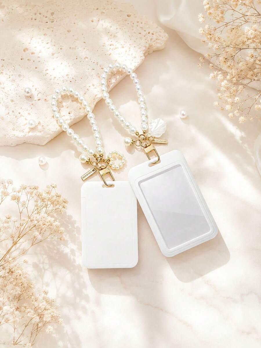 1 Macaron ABS Solid Color Push-Pull Card Holder With Pearl Chain And Pearl Shell Pendant. Student Wristband Card Holder, Student Wristband Women's Card Holder, ID Bus Protective Cover, Student Campus Card Protective Cover - A - View 1