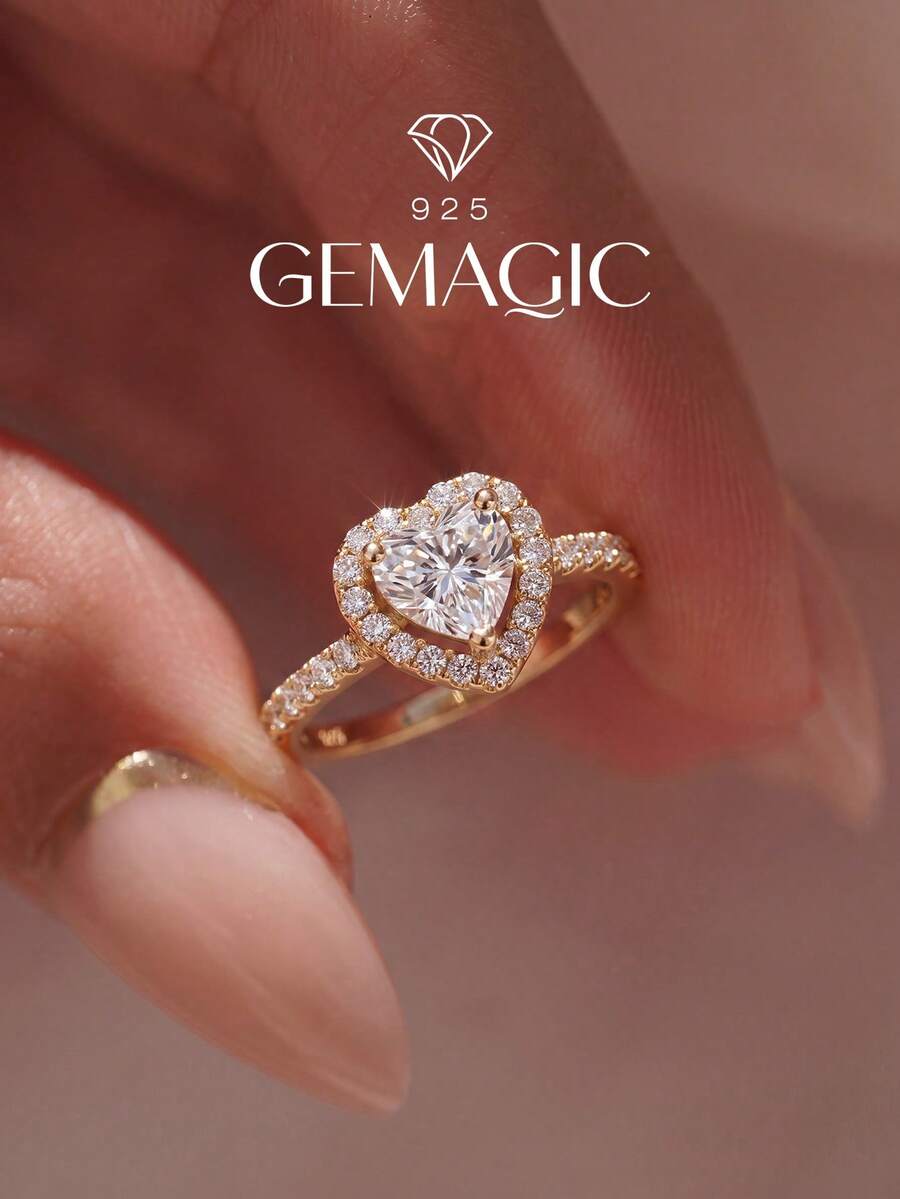 1pc Shiny December Birthstone Stackable Heart Zirconia 925 Sterling Silver Vintage Party Birthday Ring, Fashionable Jewelry, Birthday Gift For Her, Valentine's Day Gift - Gold - View 1