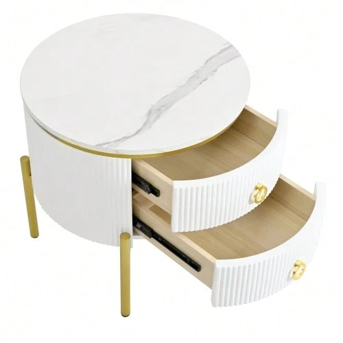 Side Table, Coffee Table With Drawers, Special Surface, Marble Look, Gold Legs And Handles, Adjustable - 白色 - 查看 1