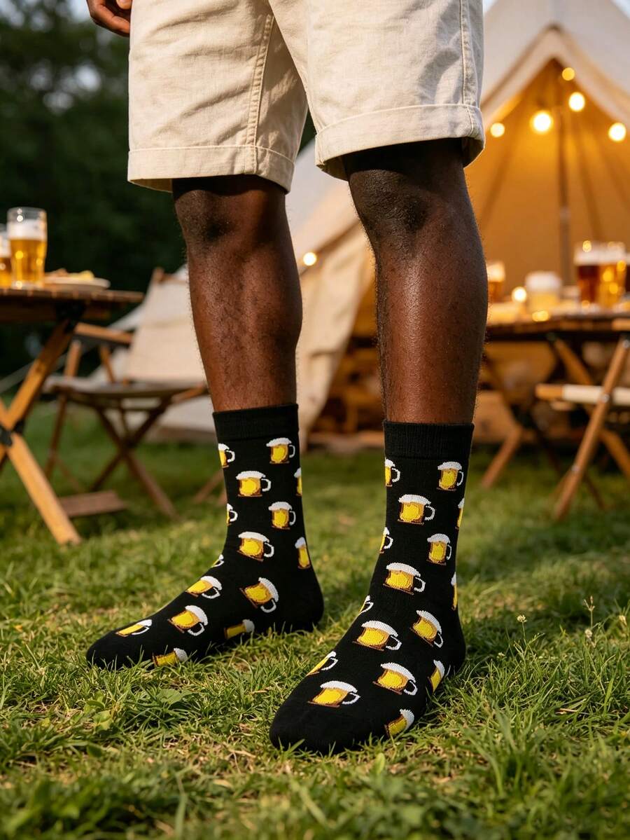Men Beer Print Crew Socks, Fall Socks - Multicolor - View 1