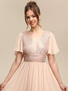Women's Sequin Patchwork Pleated Elegant Waist Formal Dress Wedding Party - Champagne - View 6
