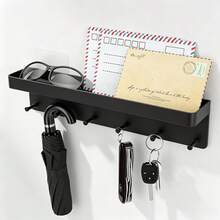 1pc Wall-Mounted Key Rack With 6 Hooks, Kitchen Storage Shelf Organizer, Bathroom Adhesive Holder For Keys Clothes Umbrella, Modern Design Home Wall Decor Hanger Stylish (Black, White) - Multicolor - View 2
