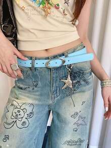 1pc Women's Blue PU Material Minimalist Oval Buckle Solid Color Casual Versatile Commuter Style Belt - Blue - View 5