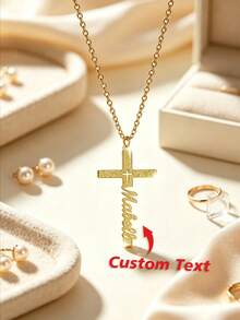 1pc Customized Name Necklace, Stainless Steel Cross Pendant Necklace, Personalized Birthday Gift For Women, Minimalist Daily Style, Comes With Gift Box, Suitable For Valentine's Day, Birthday, Mother's Day, Daily Gifting, Vertical Name Necklace - Multicolor - View 4