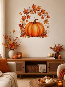 1pc Fall Pumpkin And Maple Leaves Wall Sticker, Autumn Theme PVC Self-Adhesive Wall Decal, Waterproof Removable Autumn Wall Decor, Peel And Stick, For Living Room Bedroom Entryway Party Background, Thanksgiving Home Decoration - Autumn Harvest Theme - View 6