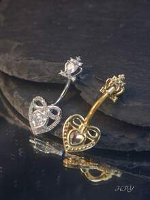 1pc Princess Style Stainless Steel Crown Heart Bow Inlaid Zirconia Dangle Belly Button Rings Belly Piercing Jewelry For Women Daily Wear Party Beach - Multicolor - View 5