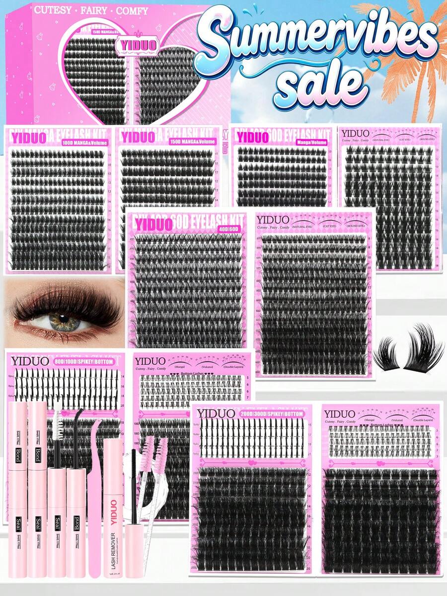 YIDUO 980pcs 6-Mix Cluster Eyelash Extension Kit, 80D-300D Pointed Base Dense D-Curl Lashes 5-20mm, Includes 2 Bottles Adhesive & Sealer, Remover, Tweezers And Brush Complete DIY Set For Home Use - Multicolor - View 1