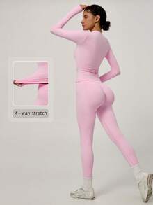 NcmRyu Women's One Set Solid Color Seamless Round Neck Short Sleeve Butt Lifting Tight Cropped Pants Sports Outfit - Pink - View 1