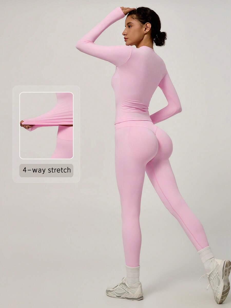 NcmRyu Women's One Set Solid Color Seamless Round Neck Short Sleeve Butt Lifting Tight Cropped Pants Sports Outfit - Pink - View 1