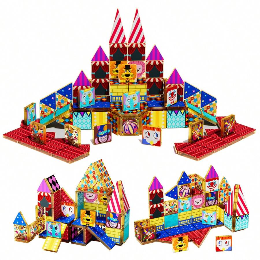 52/60pcs Fun Circus Magnetic Building Blocks, Creative DIY Assembly Set, Interactive Construction Toy, Imagination Learning Activity, Educational Gift For Boys And Girls Aged 3+ - Multicolor - View 1