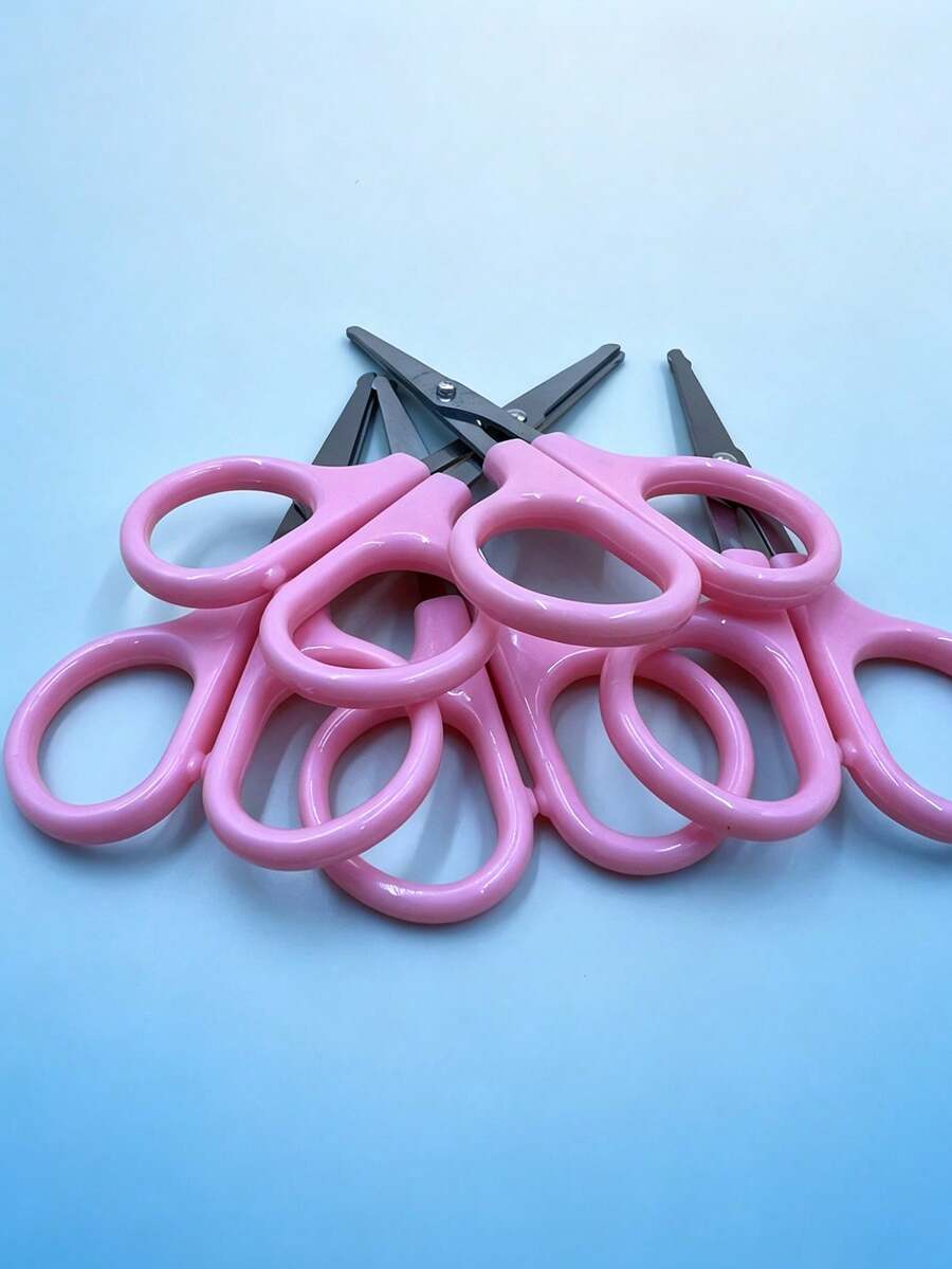 1/3/5pcs Portable Round Edge Safety Craft Scissors, Sharp Durable Smooth Steel Blade + Dual Finger Ring Ergonomic Plastic Handle, Pure Pink Minimalist Style Student Stationery - Pink Plastic Scissors - View 1