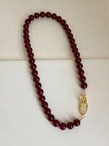 1 Pieza Collar Mujer Ágata Roja Profunda Cadena Chapada Oro 14K Doble Cierre, Joyería Elegante para Uso Diario y Fiestas, Regalo para Mejores Amigas y Aniversarios - Rojo - Ver 1