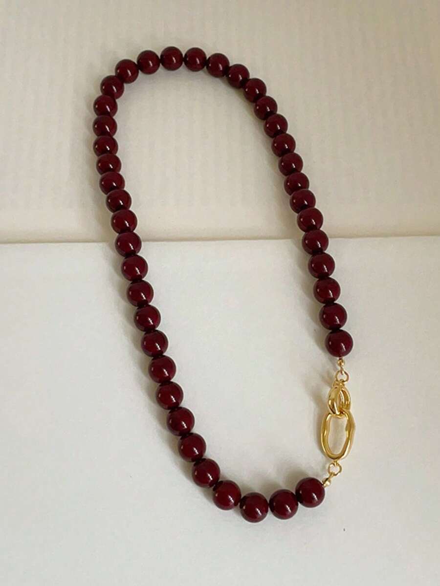 1 Pieza Collar Mujer Ágata Roja Profunda Cadena Chapada Oro 14K Doble Cierre, Joyería Elegante para Uso Diario y Fiestas, Regalo para Mejores Amigas y Aniversarios - Rojo - Ver 1