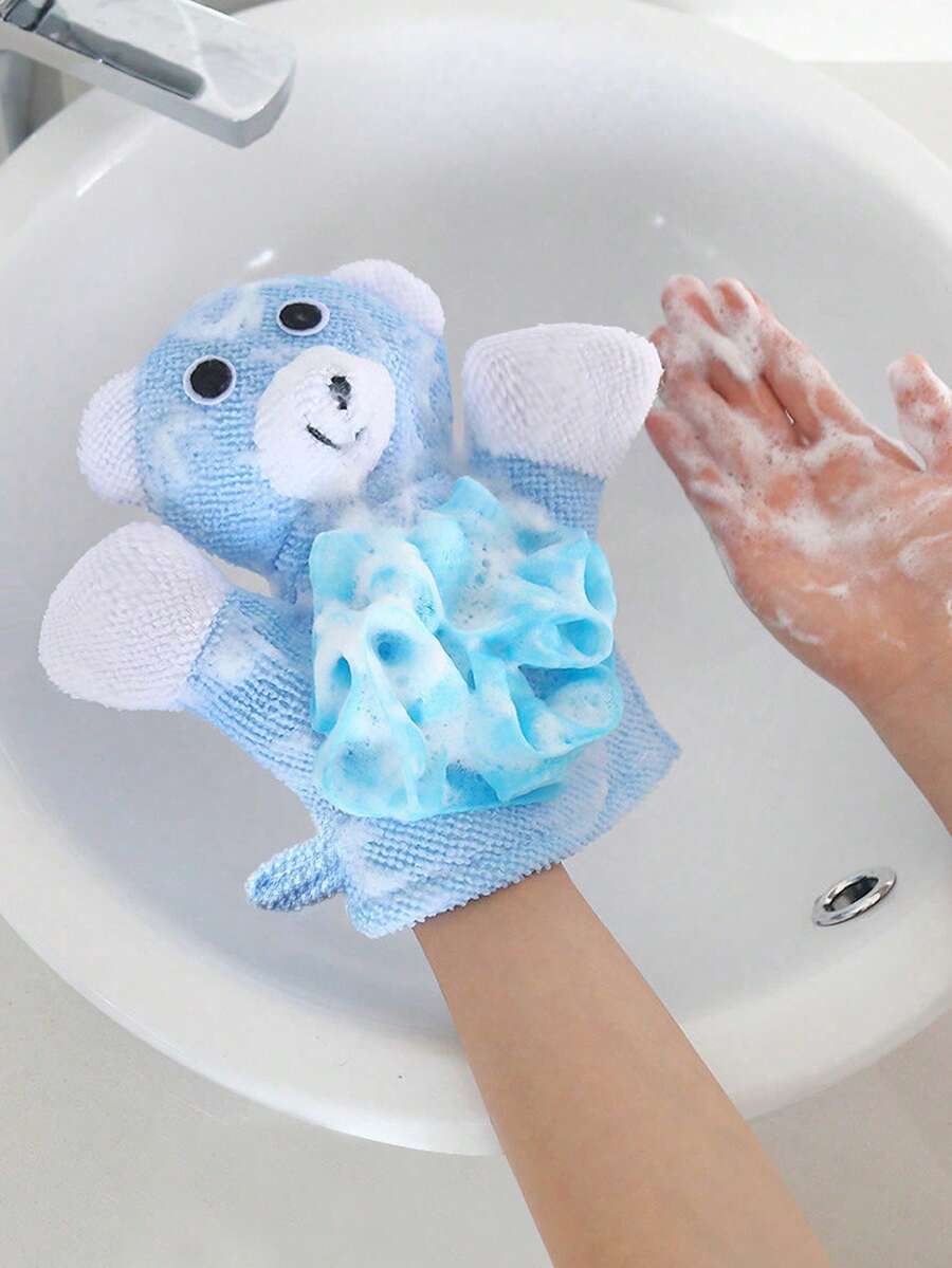1 pieza Manopla de baño infantil con diseño de oso lindo, de uso doble como guante de ducha, color aleatorio - Azul - Ver 1