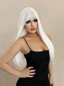 alicegarden 26-Inch Long Synthetic Wig Featuring A Natural Straight Style A Stunning White. Designed With Bangs , This False Hairpiece Is Perfect For Ms Daily Party Cosplay Use, Offering A Natural And Natural Durable Wig Gift For Ladies. - White - View 1
