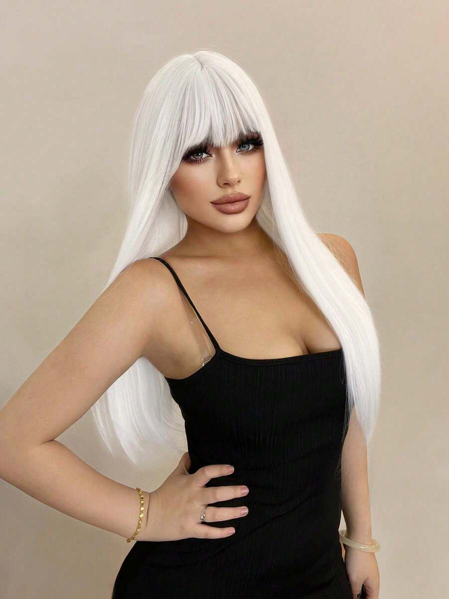 alicegarden 26-Inch Long Synthetic Wig Featuring A Natural Straight Style A Stunning White. Designed With Bangs , This False Hairpiece Is Perfect For Ms Daily Party Cosplay Use, Offering A Natural And Natural Durable Wig Gift For Ladies. - White - View 1