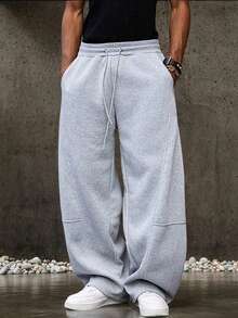 Pantalones largos deportivos para hombre, pantalones de chándal casuales minimalistas de pierna ancha, cintura elástica con diseño de cordón, finos para primavera/otoño - Gris Claro - Ver 2