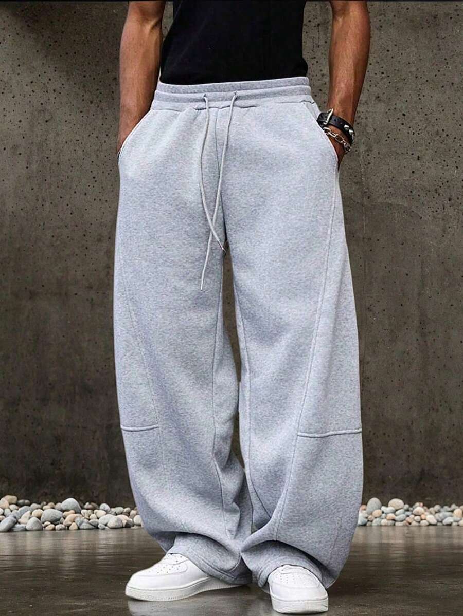 Men's Sports Long Pants, Casual Minimalist Wide Leg Sweatpants, Elastic Waist With Drawstring Design, Thin Spring/Autumn - Light Grey - View 1
