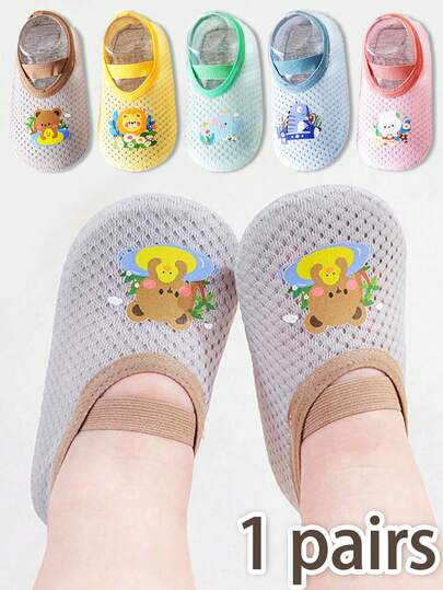 1 Pair Unisex Baby Toddler Walking Socks, Floor Socks, Spring/Autumn Mesh Breathable Cute Animal Face Tie-Up Boat Socks