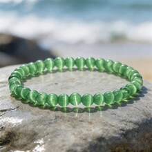 1pc 6mm Cat Eye Stone Bead Bracelet, Multicolor Round Stone Beads Elastic Bangle, Minimalist Fashion Women's Couple Daily Wear Gift - 6mm Cat's Eye - View 7