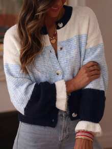 Cardigan Rajut Bergaris Warna Kontras, Kerah Bulat Kancing Tunggal, Manset Berkerut, Lengan Panjang, Jaket Kasual Longgar, Atasan Serbaguna Wanita untuk Musim Gugur/Dingin - MultiWarna - View 4