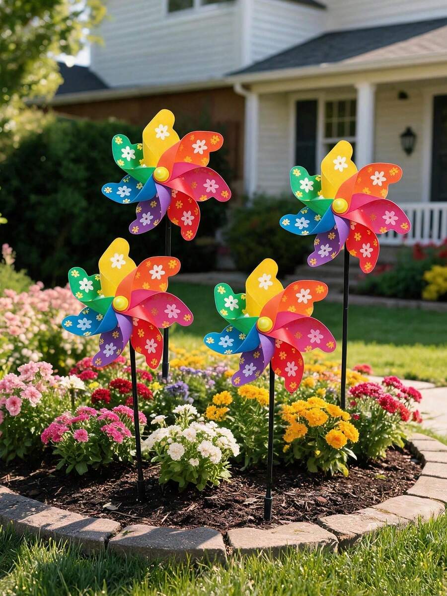 1Pc Rainbow Floral Pinwheel Windmill Decor, Battery-Free Bird Repellent Windmill, Outdoor Lawn Yard Garden Flower Bed Landscape Decor, For Amusement Park Decoration, Applicable For Wedding, Halloween, Party, Holiday Celebration, Photography Prop