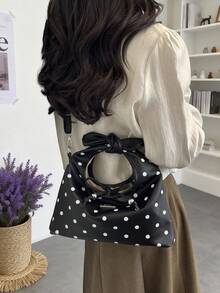 Polka Dot Pattern Handbag Crescent Bag Women's Pleated Bag Solid Color Cloud Crescent Bag Bow Tie Drawstring Casual Bag Shopping Women's Bag Shoulder Crossbody Bag Gift Shopping Commuting - Black - View 4