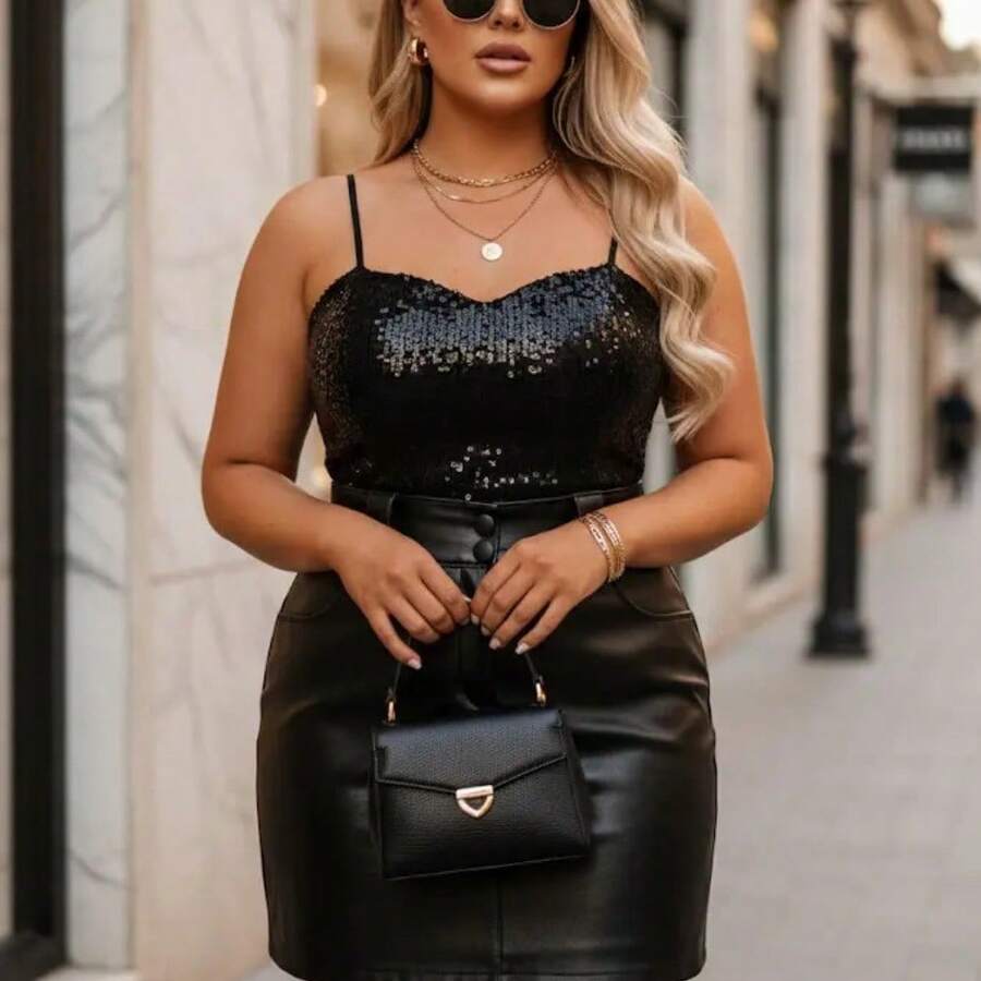 Conjunto Feminino Plus Size Regata Paetê E Saia Couro - cód 05 - Visão 1