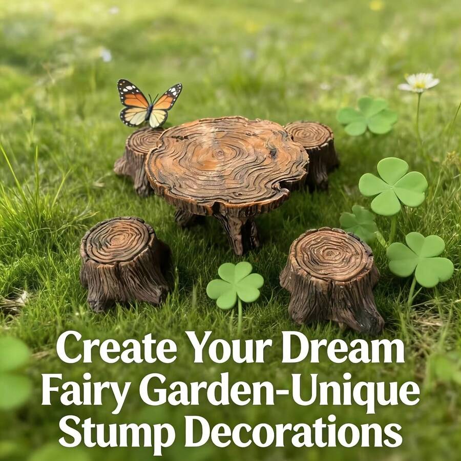 5PCS Realistic Tree Stump Table & Chair Decor, Vintage Resin Sculpture, Spring Home Decoration, Moss & Succulent Planter Landscape Accessories, Retro Style Garden Craft - A - View 1