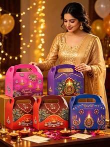 4pcs Diwali Handheld Gift Box Set, Diwali Party Handheld Storage Box, Diwali Guest Gift Packaging Box, Diwali Commemorative Gift Box, Diwali Banquet Packaging Box, Diwali Decorations, Diwali Atmosphere Creation Supplies, Diwali Packaging Supplies - Multicolor - View 3