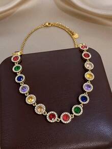 Women's Elegant Luxury Colorful Zirconia Chain Necklace & Bracelet Set, Stainless Steel Gold Chain Necklace, Party Birthday Christmas Jewelry Gift - Multi-color 2 - View 2