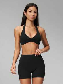 MFVIM Women's 2-Piece Yoga Set, V-Neck Halter Backless Top / High Waist Butt-Lifting Shorts Anti-Exposure - Premium Black - View 7