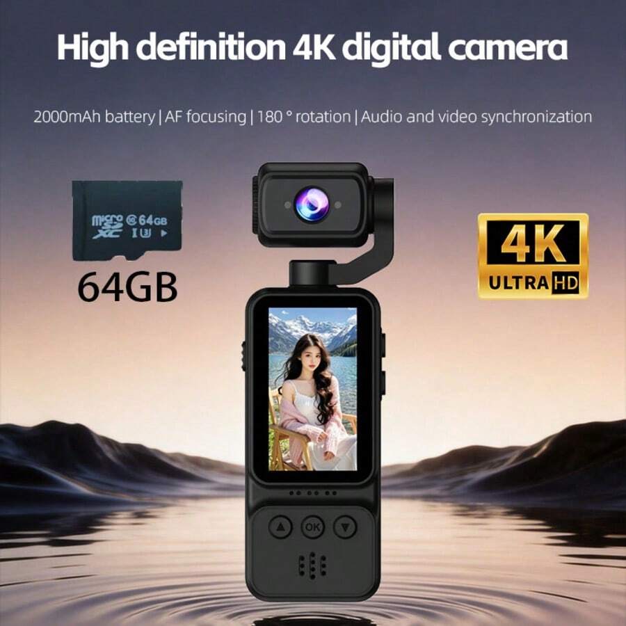便攜式手持數位相機，16倍數位變焦，4K影片錄製，180°旋轉鏡頭，內置閃光燈，支援夜拍，自動對焦，風景/人像模式，配備64GB SD卡，2000mAh電池