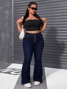 Curvy‑Size Pantalones campana de cintura alta con botones frontales y gran elasticidad, diseño que eleva glúteos ideal para figuras curvy - Azul profundo - Ver 5