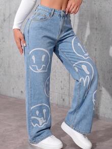 Y2K Inspired Women's Denim Jeans, Light Wash Straight Leg With Unique Melting Face Graphic, Casual Button Detail Design - Blue - View 3